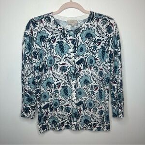 LOFT Outlet Blue White Red Floral Button Up 100% Cotton Sweater M Medium